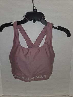 Under Armour Mauve Pink Sports Bra Mid Crossback Compression Size XL Logo Band